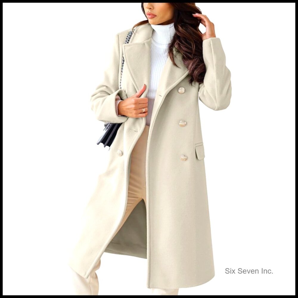 Women's Winter Wool Pea Coat Double Breasted Long Office Overcoat